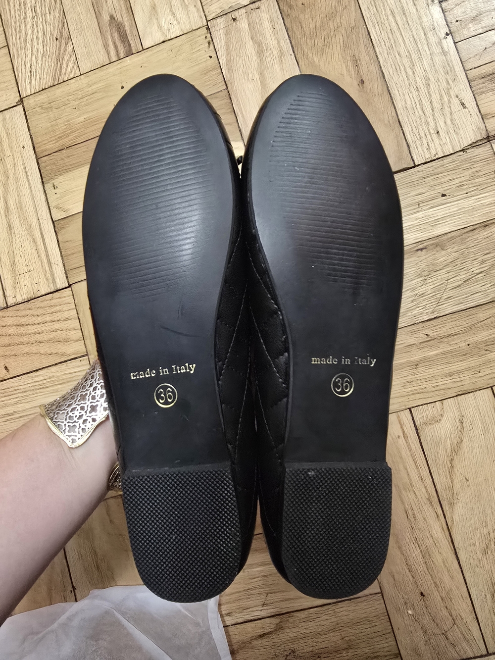 French Sole Black Quilted Ballet Flats with Bow Trim - Picture 3 of 4